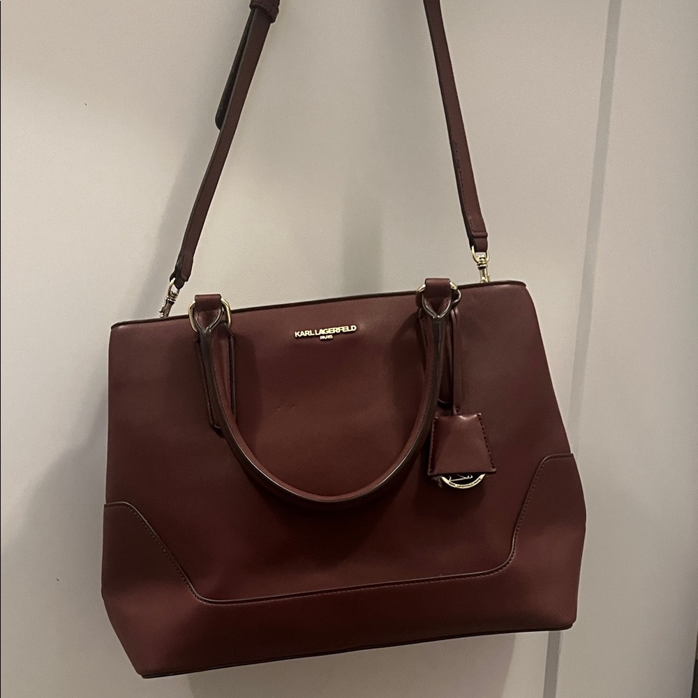 Karl Lagerfeld Maroon Leather Tote with Gold Hardware
